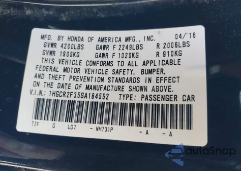 2016 Honda Accord Lx z USA, uszkodzony, nr VIN 1HGCR2F35GA184552